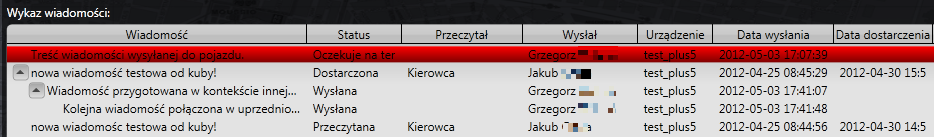 Data dostarczenia data dostarczenia wiadomości do terminala lub systemu centralnego (w zależności od kierunku przesyłania) Data przeczytania data przeczytania wiadomości przez operatora systemu lub