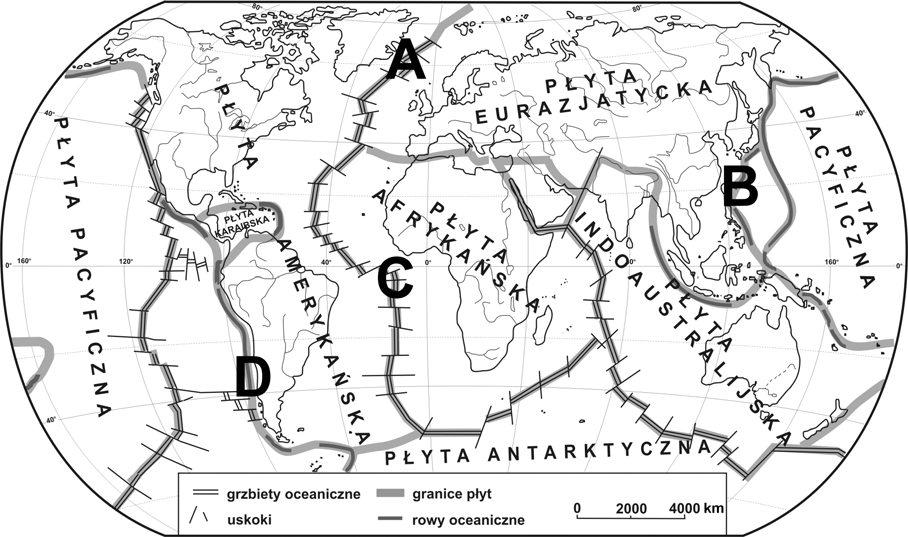 10 Egzamin maturalny z geografii Zadanie 17. (1 pkt) Na mapie zaznaczono literami A D miejsca położone na granicach płyt litosfery.