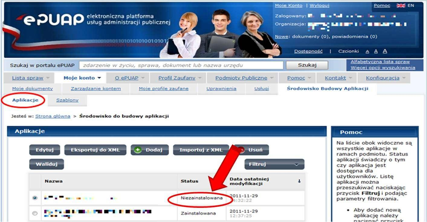 6. Po prawidłowym załadowaniu pliku xml, w sekcji Aplikacje na pierwszej pozycji