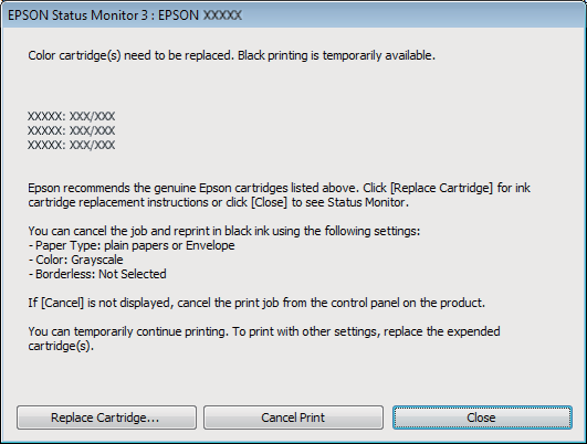 Wymiana pojemników z tuszem A Po wyświetleniu w programie EPSON Status Monitor 3 monitu o anulowanie zadania drukowania kliknij przycisk Cancel (Anuluj) lub Cancel Print (Anuluj drukowanie), aby