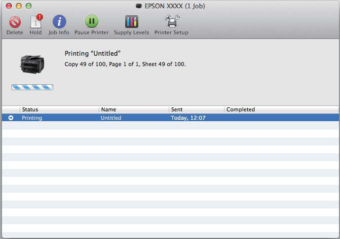 Drukowanie C Kliknij przycisk Delete (Usuń), aby anulować zadanie drukowania. W systemie Mac OS X 10.