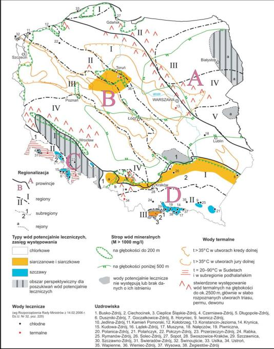 II. MOŻLIWOŚCI WYKORZYSTANIA WÓD LECZNICZYCH, SOLANEK I WÓD TERMALNYCH Regionalizacja wód zmineralizowanych, termalnych oraz uznanych za lecznicze (Paczyński,