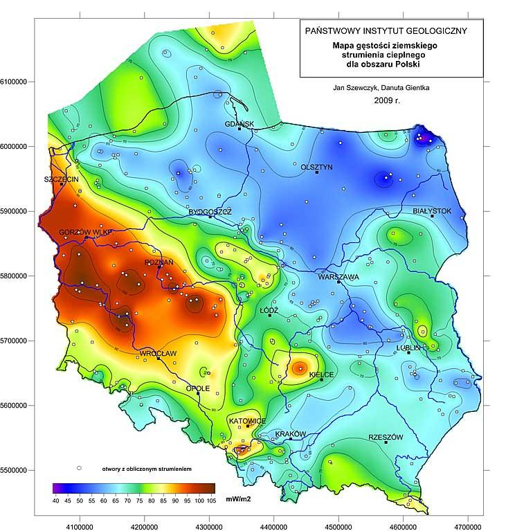 Możliwość wykorzystania wód termalnych do produkcji energii cieplnej i elektrycznej Mapa gęstości strumienia