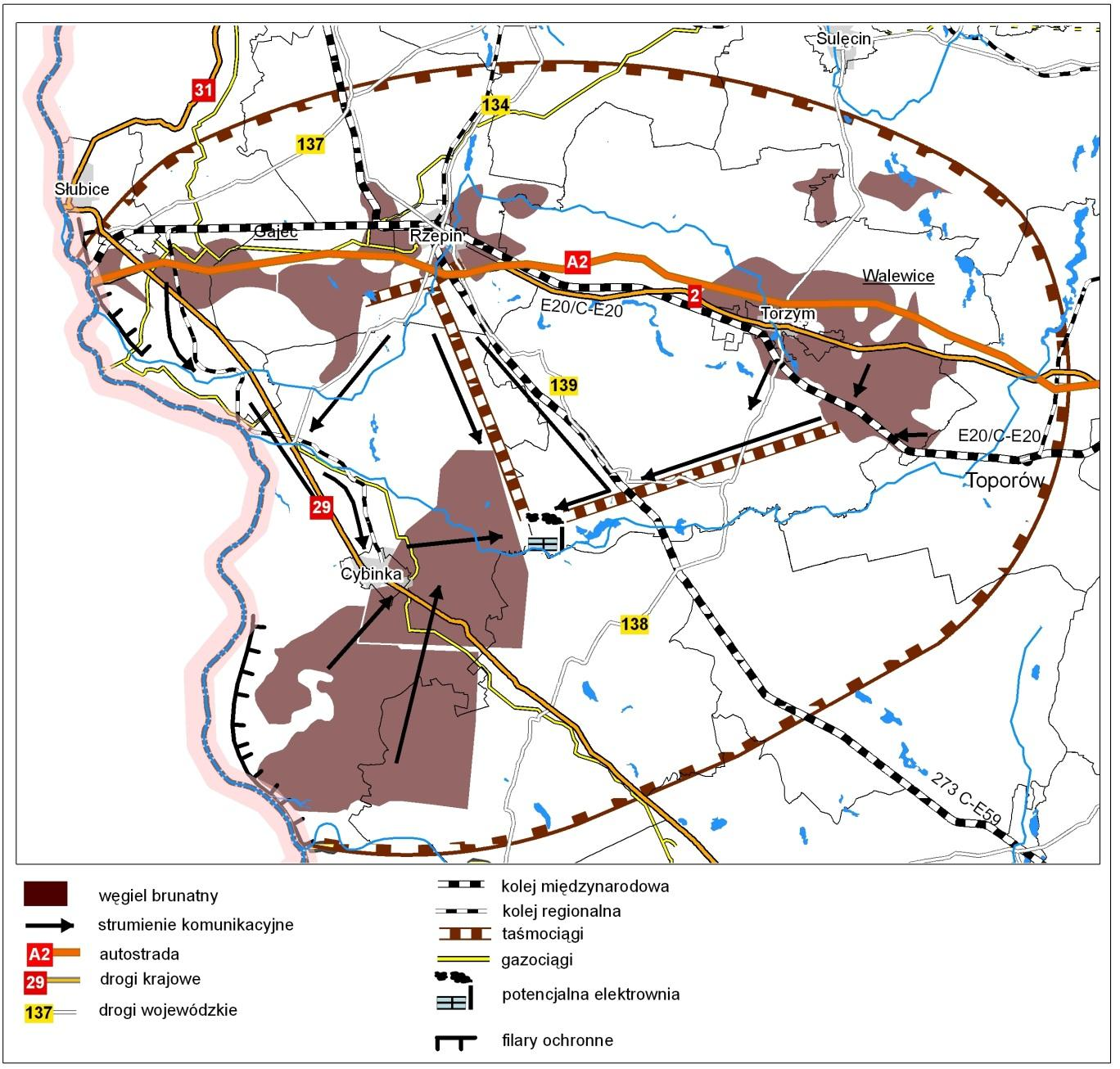 Rejon złożowy Cybinka Sadów Rzepin - Torzym Transport węgla przenośnikami taśmowymi Transport surowca do