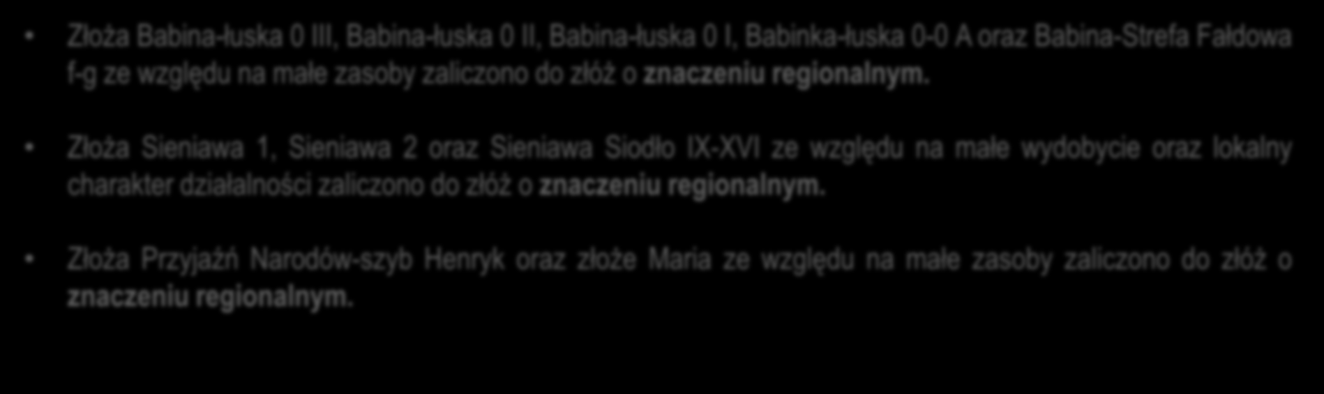 Złoża Babina-łuska 0 III, Babina-łuska 0 II, Babina-łuska 0 I, Babinka-łuska 0-0 A oraz Babina-Strefa Fałdowa f-g ze względu na małe zasoby zaliczono do złóż o znaczeniu