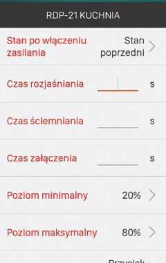 KONFIGURACJA STANU RDP-21 PO WŁĄCZENIU ZASILANIA W przypadku ściemniacza RDP-21 można konfigurować stan jego wyjścia po załączeniu napięcia zasilającego.