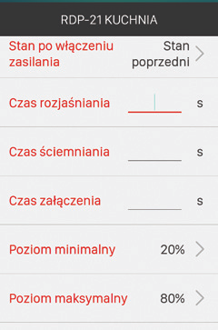 POZOSTAŁE PARAMETRY KONFIGURACYJNE RDP-21 Czas rozjaśniania określa czas przejścia od minimalnego poziomu natężenia oświetlenia do poziomu maksymalnego. Wartość domyślna: 1s.