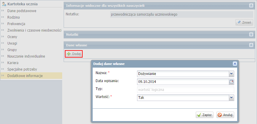 Moduł Dziennik, kartoteka ucznia dodawanie danych własnych na karcie Dodatkowe