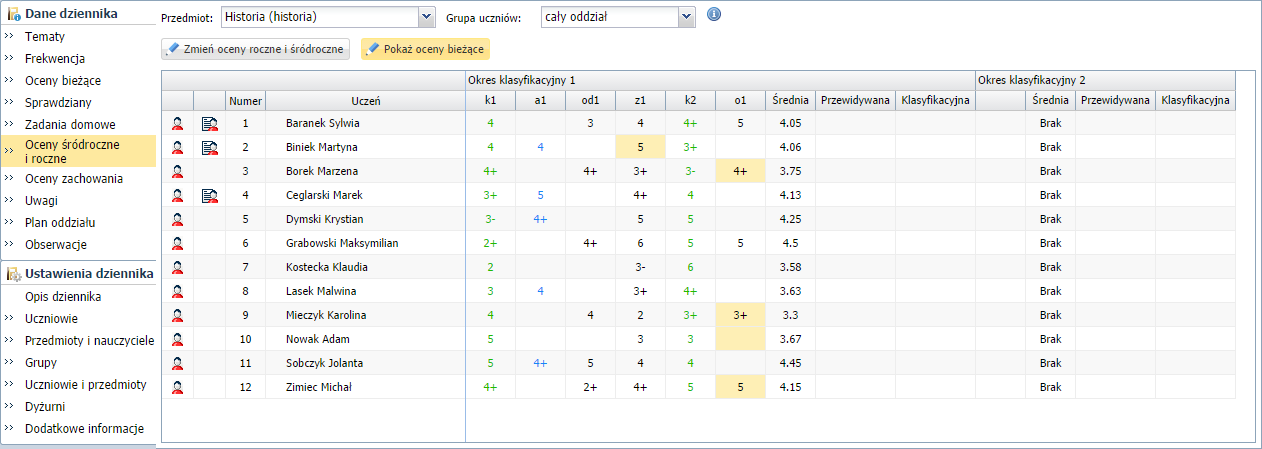 UONET+. Prowadzenie dziennika oddziału przez wychowawcę 18/20 Za pomocą przycisku Pokaż oceny bieżące możesz wyświetlić w tabeli oceny cząstkowe uczniów. 2.