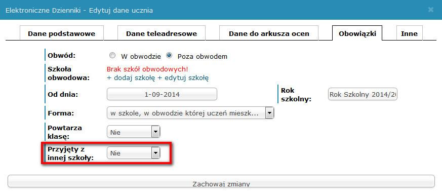 Punkt 3) Zakładka Obowiązki w danych ucznia -> Przyjęty z innej