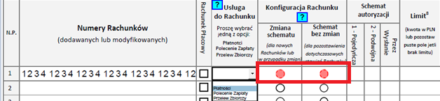 Wybranie Usługi do Rachunku uaktywnia pola do konfiguracji Rachunku 7 Konfiguracja rachunku: Zmiana schematu -dla nowych rachunków lub w przypadku zmian.