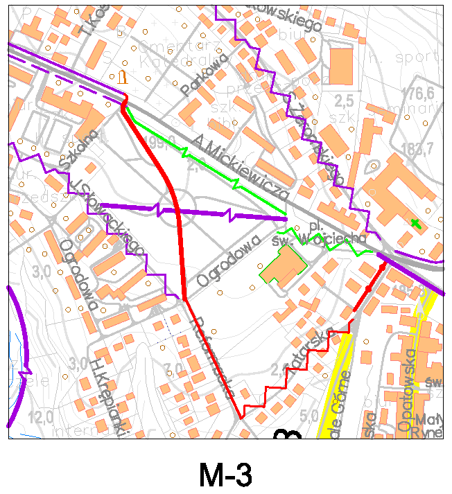 3.3. Wariant M-3 W wariancie 3 ruch w kierunku zachodnim poprowadzono ulicami: Podwale (droga dla piescy i rowerów w ramach trasy R-13) Tatarską Reformacką (możliwość wybudoania jednokierunkowej