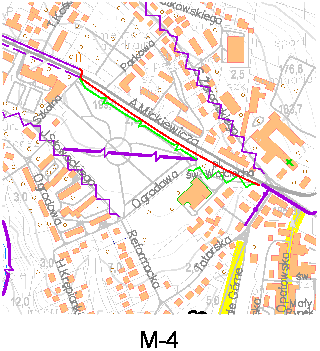 3.4. Wariant M-4 Udało się wskazać jeszcze jeden, dość zaskakujący wariant. Ruch rowerowy w kierunku na zachód poprowadzony byłby po stronie południowej jezdni.