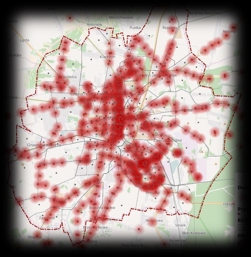 LEGENDA: 6 MAPA OBRAZUJE DOSTĘPNOŚĆ KOMUNIKACYJNĄ PRZY ZAŁOŻENIU PROMIENIA DOJŚCIA NA POZIOMIE 1KM MIASTO CZĘSTOCHOWA MA DUŻE POKRYCIE PRZY ZAŁOŻENIU PROMIENIA DOJŚCIA NA