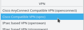 3.2 Konfiguracja w trybie graficznym Rys. 3.2: Wybór typu połączenia. Pojawi się okno konfiguracyjne połączenia VPN (rys. 3.3). Rys. 3.3: Konfiguracja połączenia VPN.