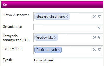 Otrzymamy wyniki dotyczące obu dziedzin: Natomiast uzupełnienie różnych atrybutów powoduje wyszukiwanie dokumentów metadanych spełniających wszystkie zadane kryteria.