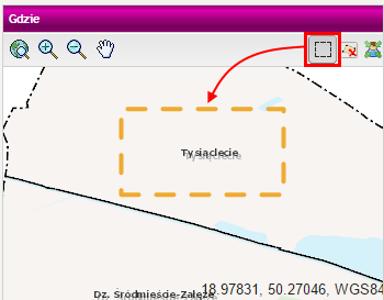 Mapa posiada u góry okna, menu służące do jej obsługi: - przycisk służący do wyświetlenia pełnego zasięgu mapy - przycisk służący do przybliżania widocznego obszaru mapy