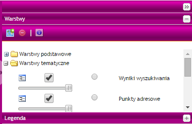 W zakładce Warstwy możemy zarządzać warstwami wyświetlanymi na mapie: Za pomocą