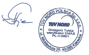 oświadczenie weryfikatora TUV NORD Polska Sp. z o. o., ul Mickiewicza 29, 4 85 Katowice, o numerze rejestracji weryfikatora środowiskowego EMAS PL-V-1, akredytowany w odniesieniu do zakresu NACE 17.