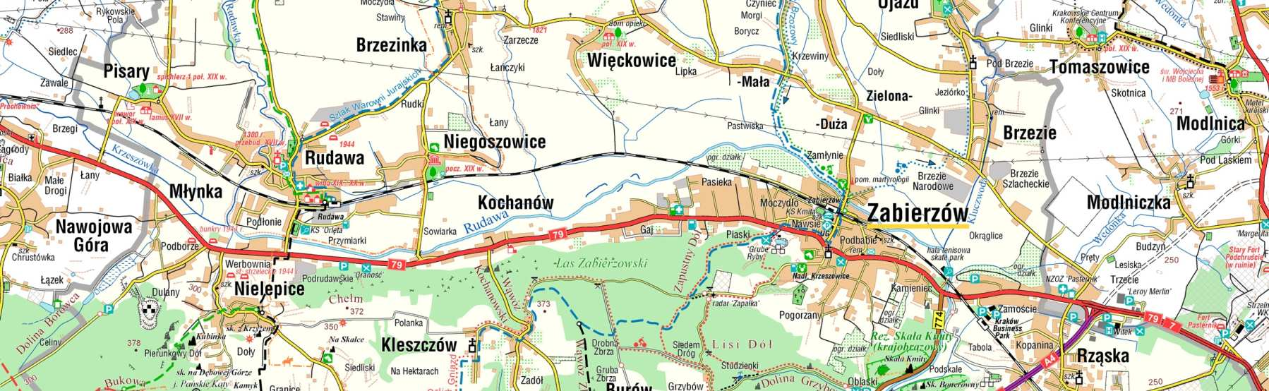 4 km od Zabierzowa (siedziby władz samorządowych), zlokalizowane w południowej części Gminy, sąsiadujące z sołectwami: Kochanów,