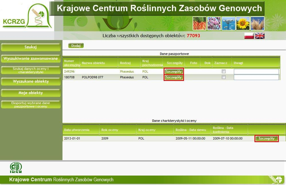 17. Obiekty spełniające kryteria wyświetlane są w oknie wyników wyszukiwania. Zaznaczenie obiektu w górnej części okna wyświetla dostępne dane charakterystyki i oceny w dolnej części.