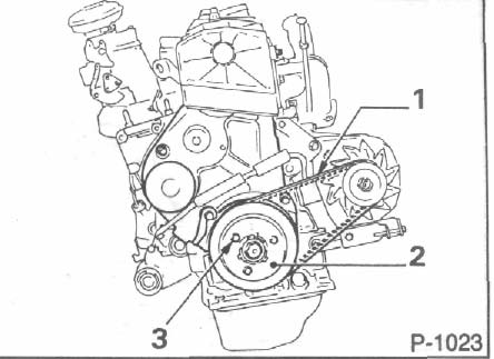 Demontaż i montaż pasa zębatego Silnik TU, Identyfikacja typu silnika, patrz str. 13. Demontaż P-1021 Poluzować i zdjąć pasek klinowy -1-, patrz str. 36.