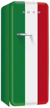 Chłodziarko-zamrażarka wolnostojąca Retro 50's, flaga włoska, klasa energetyczna A++, uchwyt po lewej stronie, zawiasy po prawej stronie.