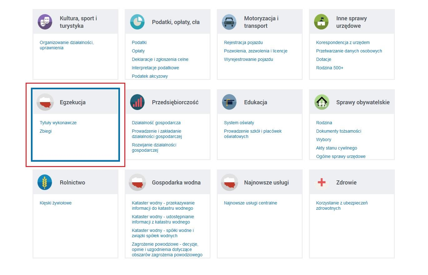 RYSUNEK 35. KATALOG SPRAW - EGZEKUCJA Zostanie rozwinięta lista z opcjami do wyboru: Tytuły wykonawcze oraz Zbiegi.