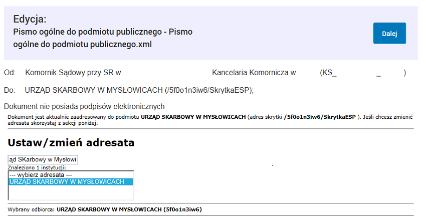 użytkownik wprowadza adresata korespondencji (odpowiedni urząd). RYSUNEK 54.