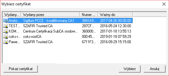 Po zapisie dokumentu (wyjście z dokumentu przez przycisk X) wyświetlone zostanie okno wyboru certyfikatu bezpiecznego podpisu kwalifikowanego.