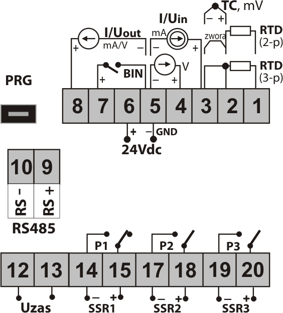 obiektowych 5-7 wejście binarne (stykowe lub napięciowe <24V) 5-8 wyjście analogowe prądowe (0/4 20mA) lub napięciowe (0/2 10V) PRG 9-10 (7-8 dla AR600) złącze programujące