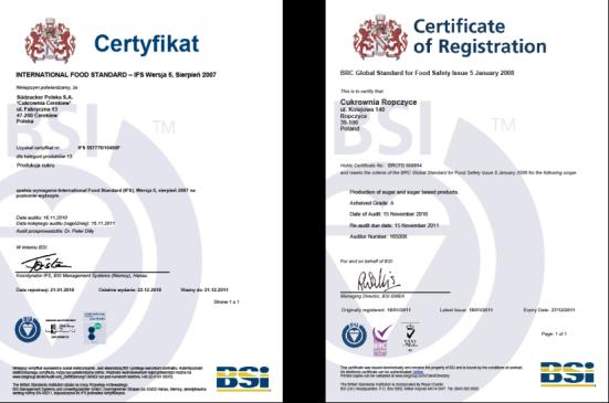 Systemy zarządzania jakością w SZP HACCP (wdrożony i certyfikowany we wszystkich cukrowniach) Kosher (wdrożony i certyfikowany) ISO 9001:2008 Ropczyce (rok 2003) Cerekiew i Strzyżów (rok 2006) Biuro