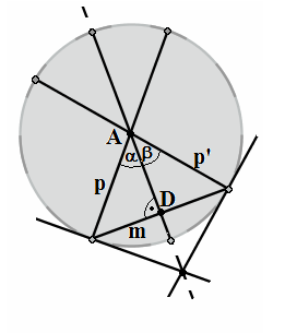 W związku z tym, że istnieją dwie proste asymptotyczne do m, prowadząc prostopadłą do m wyznaczymy dwa kąty α, β jak na rysunku powyżej, które będziemy mogli nazwać kątami równoległości.