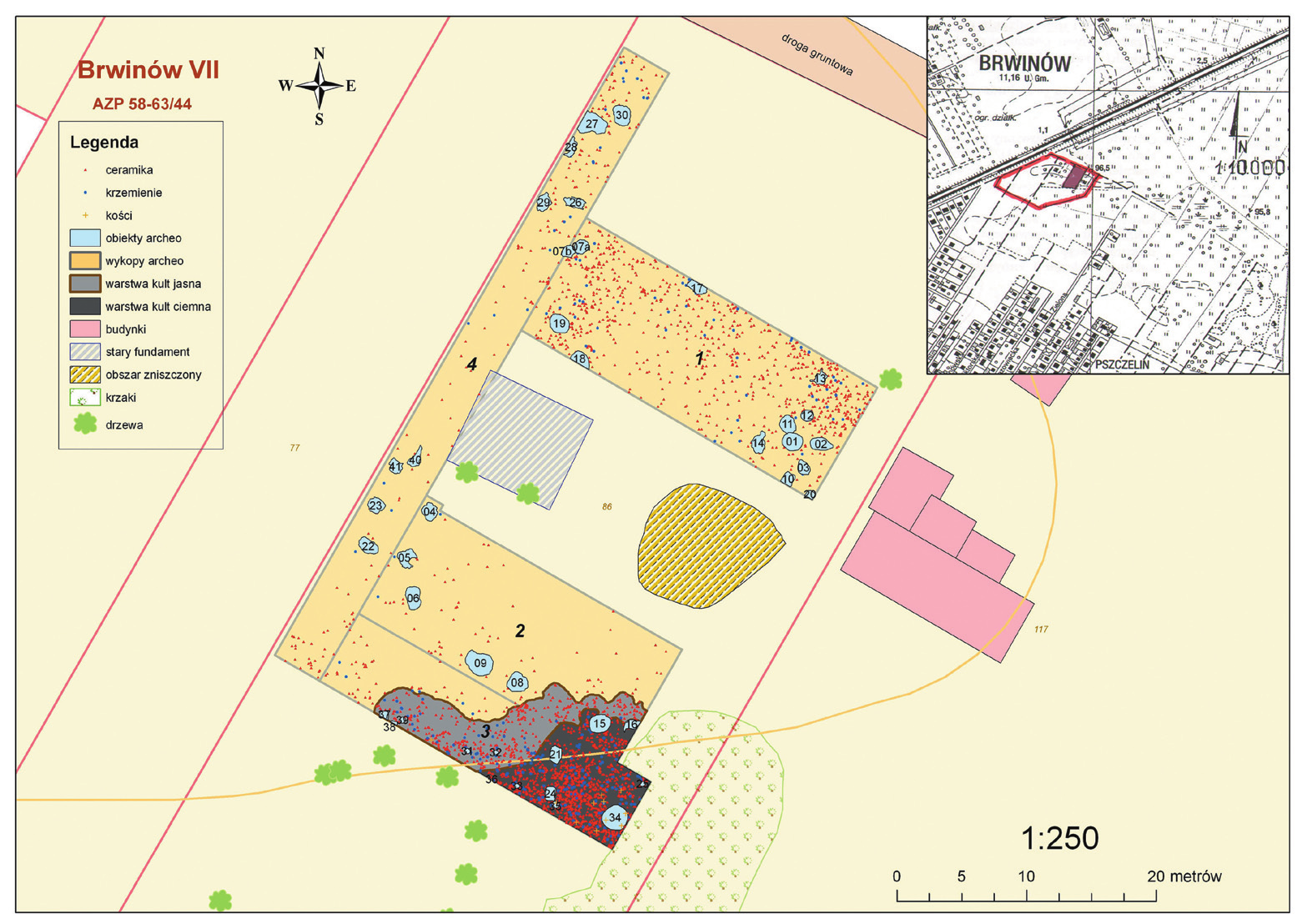170 Paulina Skorupska Ryc. 1. Brwinów, pow. Pruszków, woj. mazowieckie, stan. 7. A Plan stanowiska z zaznaczonym zasięgiem warstwy kulturowej oraz rozrzutem zabytków (opr. M.