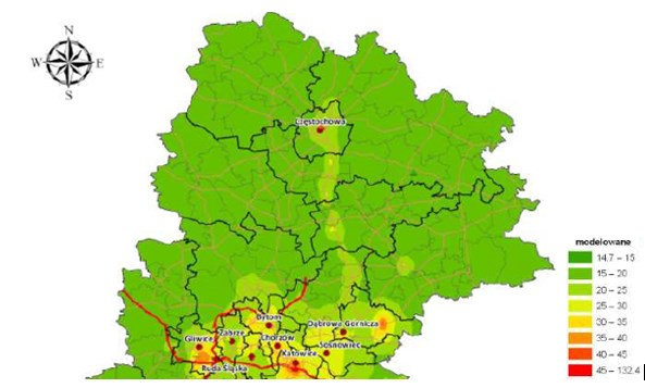 Rysunek 4. Średnioroczne stężenie NO2 [µg/m 3 ] na terenie północnej części województwa śląskiego obejmujący obszar gminy Krzepice. Źródło: Program Ochrony Powietrza dla Województwa Śląskiego.