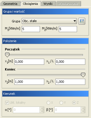 Obciążenia układu jest kątem obrotu obciążenia wokół pręta, a kąt kątem obrotu obciążenia w płaszczyźnie pręta. Strzałkami przy polach tekstowych oraz można zmieniać wartości kątów skokowo co 45.