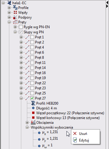 Szczegółowy opis zmian elementu liczonego względem sztywności całego mocowania w tej podporze przyjęto: dla podpory sztywnej 0.5 a dla podpory przegubowej 0.909.