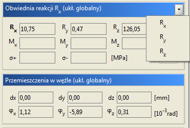 Nazwa wybranej reakcji wyświetlana jest pogrubioną czcionką, podobnie jak ma to miejsce przy siłach przekrojowych w pręcie. Pozostałe wartości reakcji są wartościami odpowiadającymi. Rys. 11.