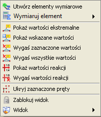 Analiza wyników Pokaż wartości ekstremalne (pozycja dostępna w menu, jeśli zaznaczone są pręty, dla których nie są pokazywane wartości ekstremalne) funkcja ta dla wskazanych prętów układu