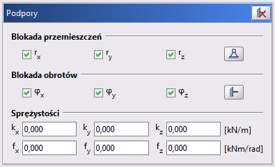 Jedna na poziomie znaczników blokady przesuwów, blokująca jednym kliknięciem wszystkie przesuwy zaznaczonych węzłów w modelu i tworząca dla nich w ten sposób podpory przegubowe nieprzesuwne oraz