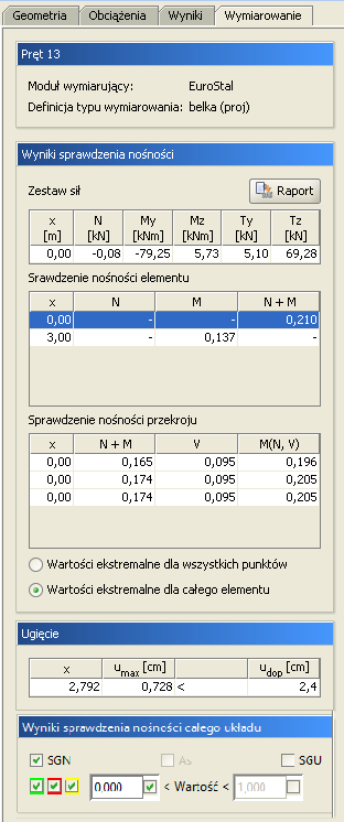 Wymiarowanie zbiorcze Oprócz wyników na ekranie graficznym użytkownik może wyświetlić skrócone wyniki wszystkich sprawdzeń na prawym panelu zakładki