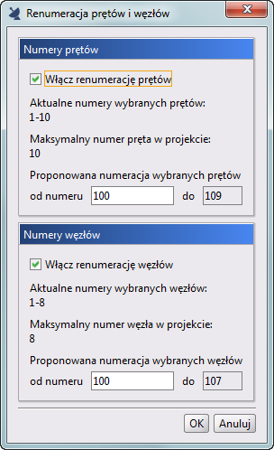 Szczegółowy opis zmian Okno renumeracji dla wielu prętów i węzłów Okno Renumeracji prętów i węzłów składa się z dwóch paneli osobnego dla prętów i węzłów.