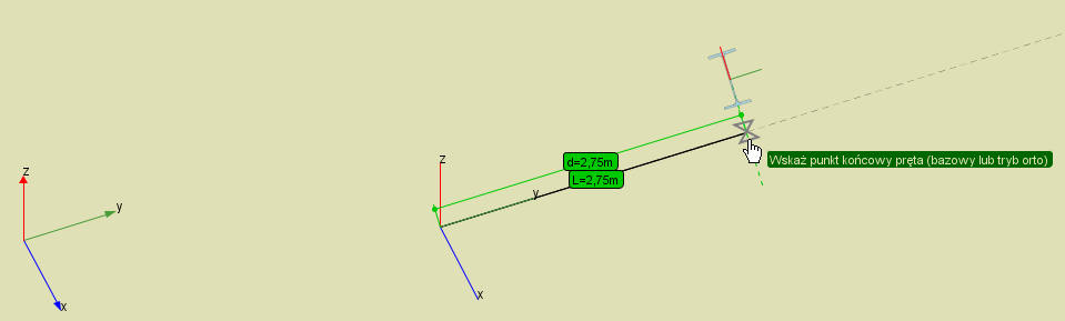 Po określeniu w ten sposób kierunku wprowadzania pręta, puszczamy myszkę i z klawiatury wpisujemy odpowiednią jego długość w danym kierunku.