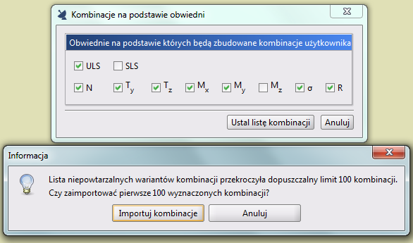 Dlatego też aby nie komplikować nadmiernie obliczeń na podstawie tak ustalonych kombinacji domyślnie przyjęto ustalenie kombinacji tylko na podstawie obwiedni naprężeń normalnych dla prętów oraz