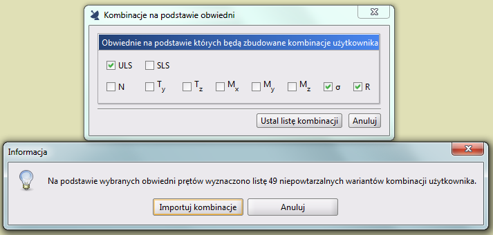 Szczegółowy opis zmian Komunikat gdy ilość nie przekracza limitu 100 kombinacji Wciśnięcie przycisku Importuj kombinacje w oknie komunikatu z wyznaczania kombinacji na podstawie obwiedni spowoduje