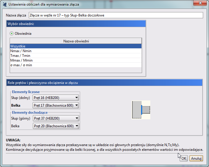 Szczegółowy opis zmian Okno definicji złącza Słup-Belka Okno