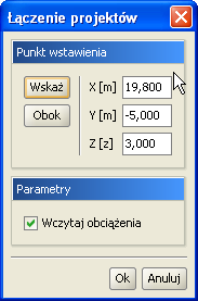 wpisanie współrzędnych punktu wstawienia dołączanego projektu. Opcja Obok umożliwia wstawienie dołączanego projektu bez zastanawiania poza gabarytami projektu istniejącego.