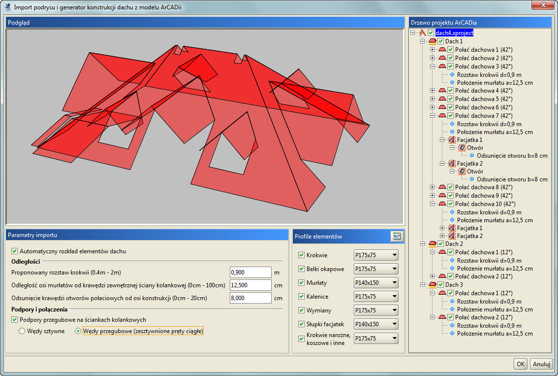 Instalowanie i uruchamianie programu Rys. 2.18 Okno dialogowe Import podrysu i generator konstrukcji dachu z modelu ArCADii Powyższe okno składa się z czterech odrębnych paneli.