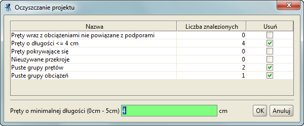 Instalowanie i uruchamianie programu Pręty o długości mniejszej niż wartość zdefiniowana przez użytkownika w dole okna domyślnie 2 cm Pręty pokrywające się. Nieużywane w projekcie przekroje prętów.