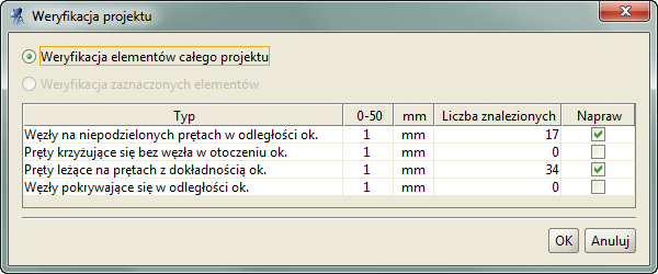 Instalowanie i uruchamianie programu prętów w miejscach położenia węzłów na tych prętach. Wyszukiwanie prętów krzyżujących się bez węzła w otoczeniu ok.